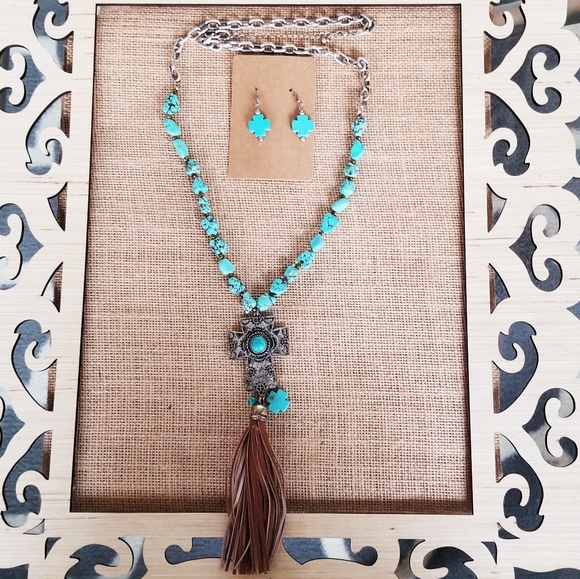 Turquoise Cross Tassel Necklace & Earring Set - Picture 1 of 6